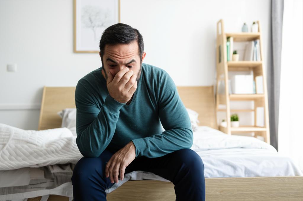 worried middle-aged man sitting on the edge of the bed, looking down, with a concerned expression, bedroom setting
