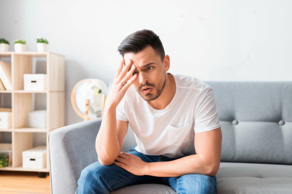 Man looking tired and thoughtful, sitting on a sofa