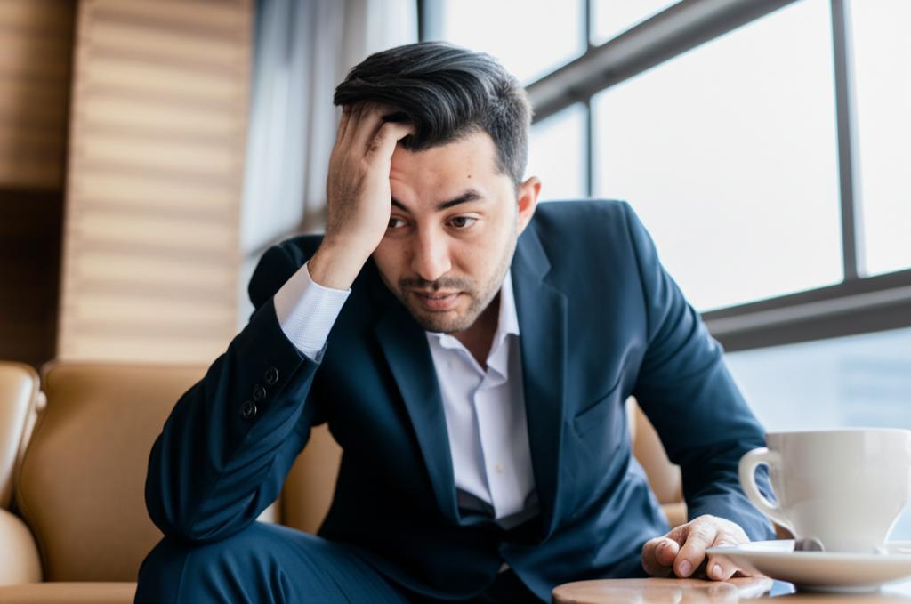 Tired man in business suit looking stressed, sitting in a hotel room or airport lounge, low energy