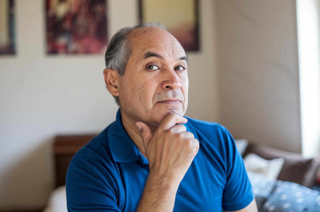 Middle-aged man looking thoughtful or concerned, sitting alone