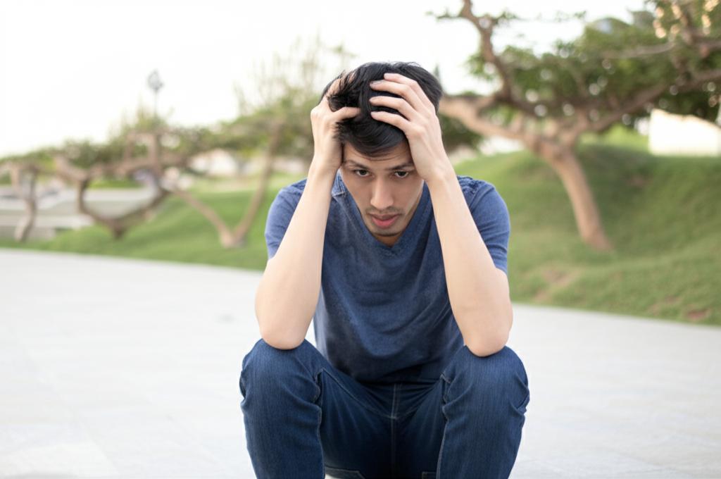 frustrated young man sitting alone