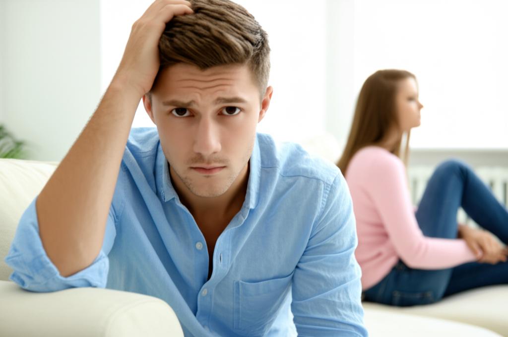 A young man looking stressed while his partner looks distant, illustrating relationship strain due to intimacy issues.