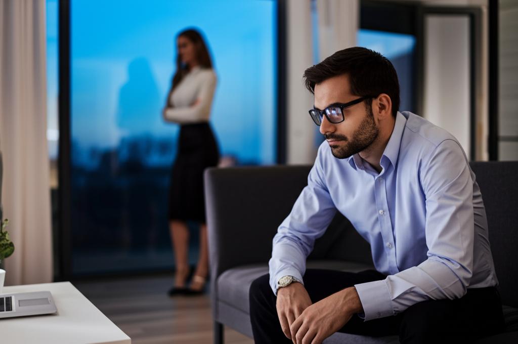 A tired office worker man sitting on a couch, looking stressed, with a woman in the background looking distant. Atmospheric, evening light.