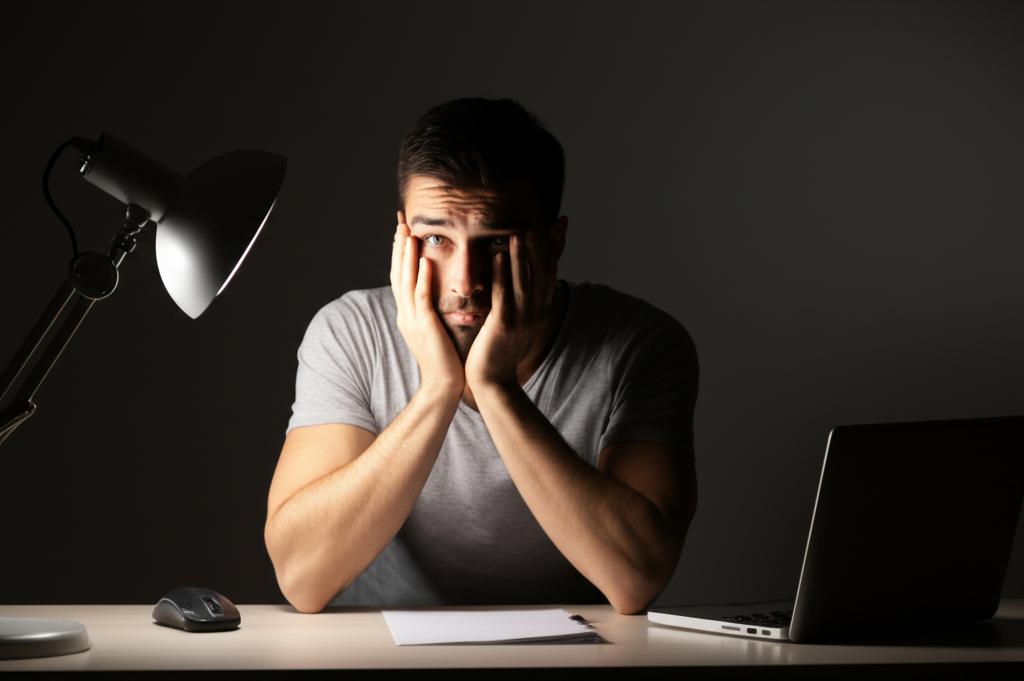 Tired young man struggling to focus at a desk after a late night