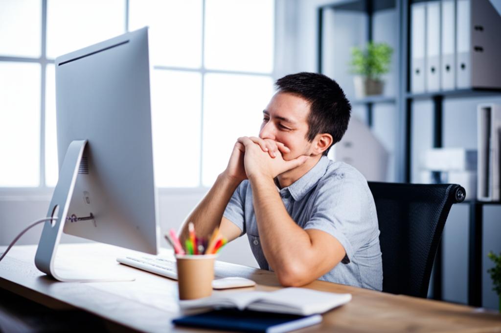 tired office worker looking at computer screen, feeling drained, low energy, modern office setting, realistic photo