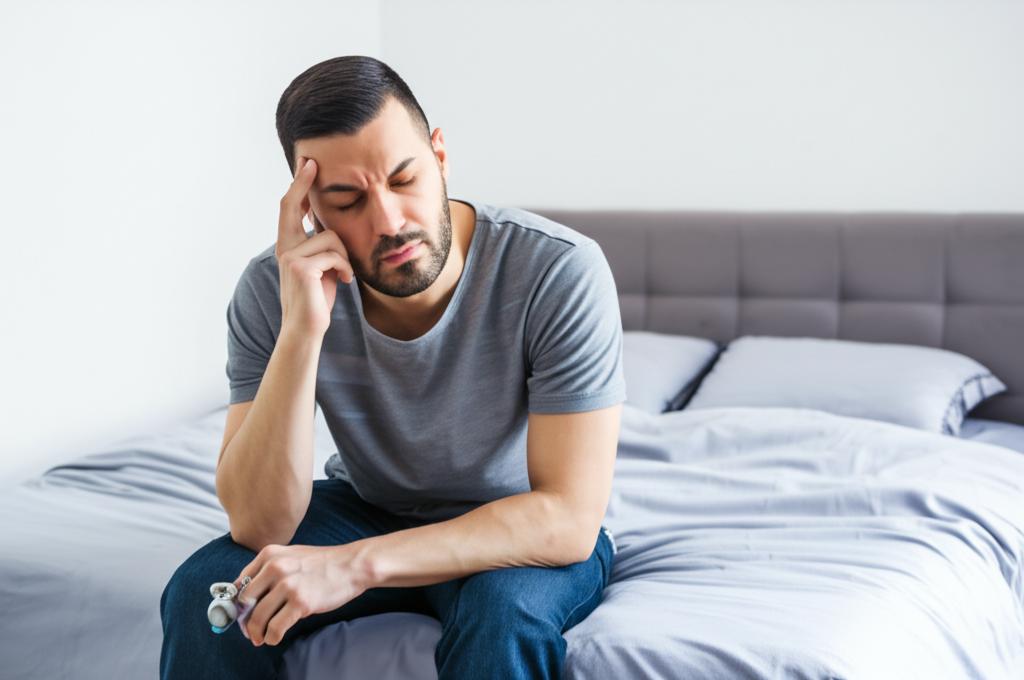 man sitting on bed looking tired and thoughtful