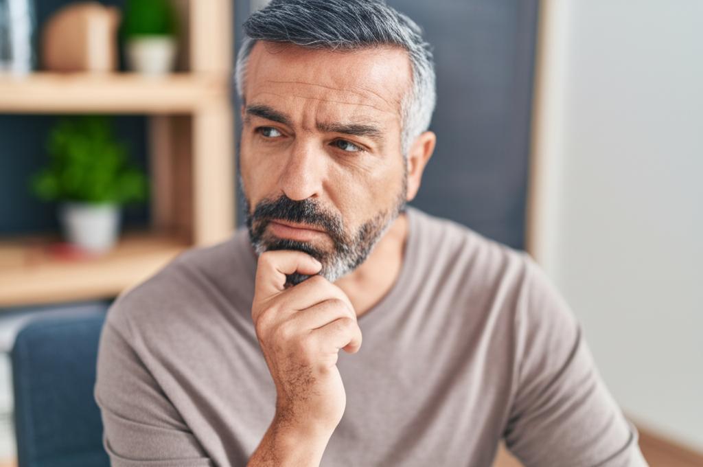 Middle-aged man looking thoughtful and slightly concerned, sitting alone
