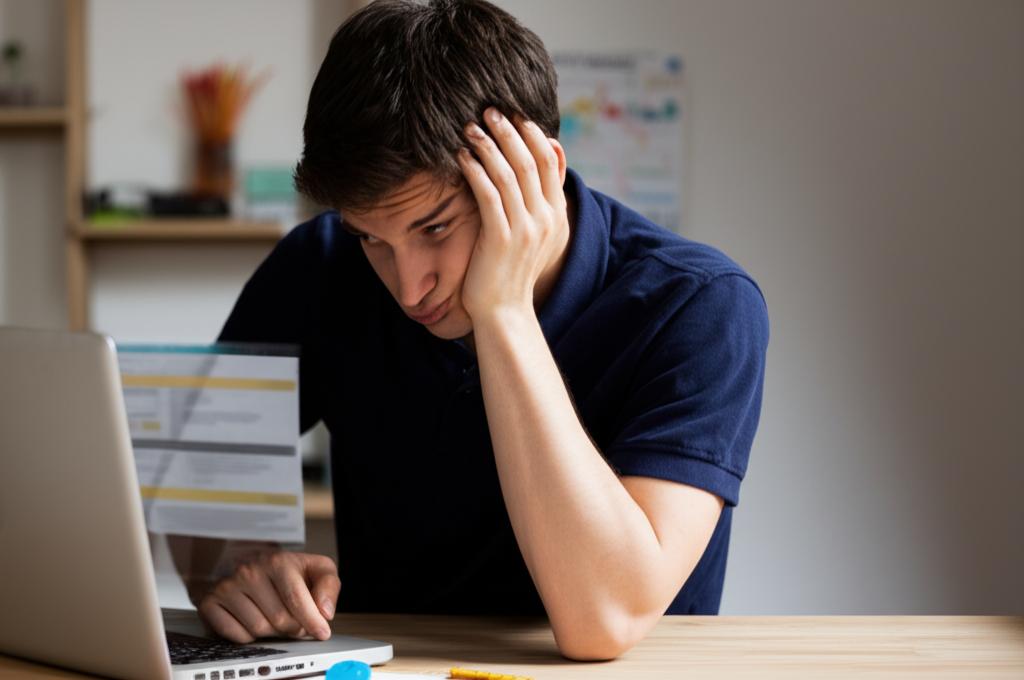 A young man sitting at his desk looking tired and stressed.