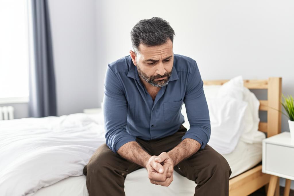 A frustrated middle-aged man sitting on the edge of the bed, looking downcast.