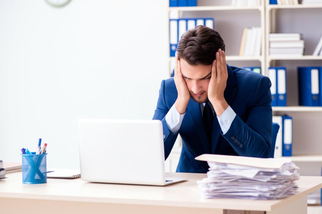 A stressed and tired entrepreneur sitting at a desk with a laptop, surrounded by paperwork.