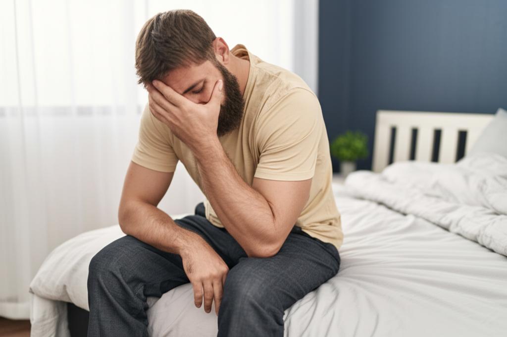 a man sitting on the edge of the bed looking sad and frustrated, bedroom setting