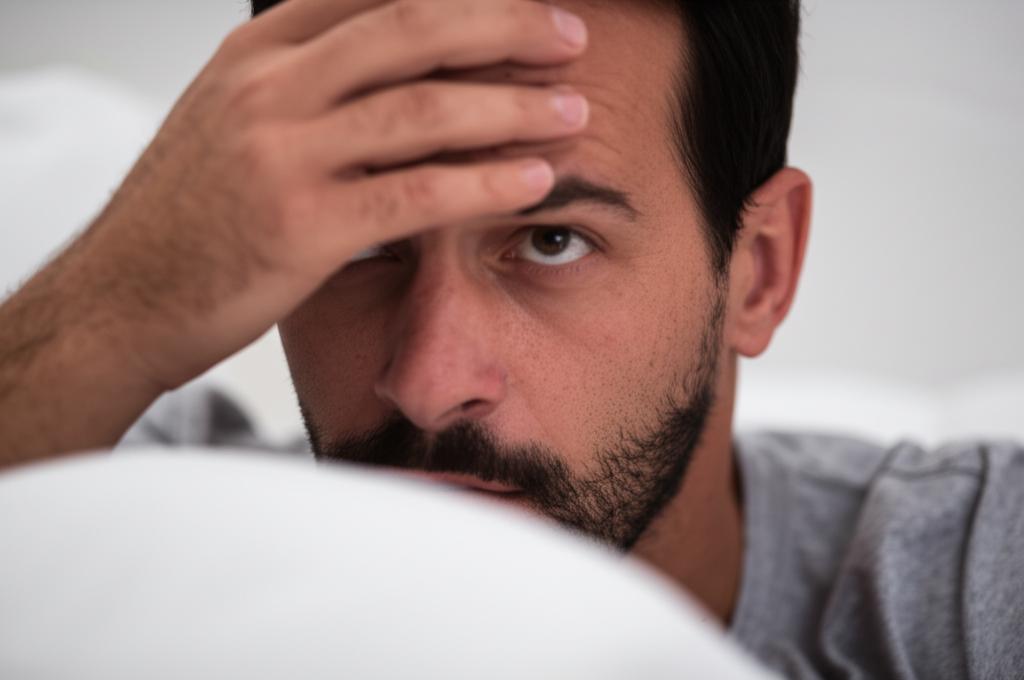 A man looking stressed and tired in a dimly lit bedroom, with a concerned expression.