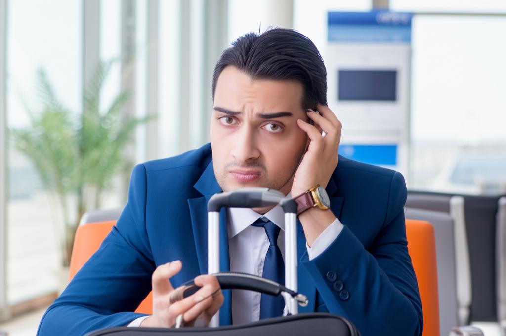 A tired businessman sitting in an airport lounge, looking stressed and exhausted.