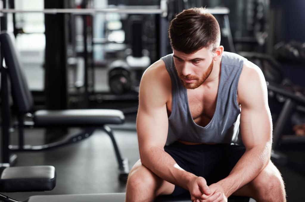Man exhausted after workout, sitting on bench in gym, looking tired and depleted.