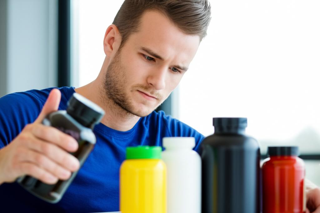 a man looking at various supplement bottles with a concerned expression, fitness background