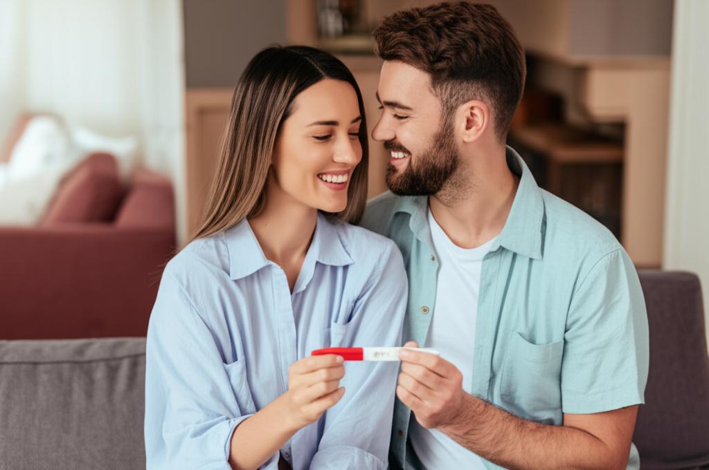 happy couple holding a pregnancy test, smiling at each other