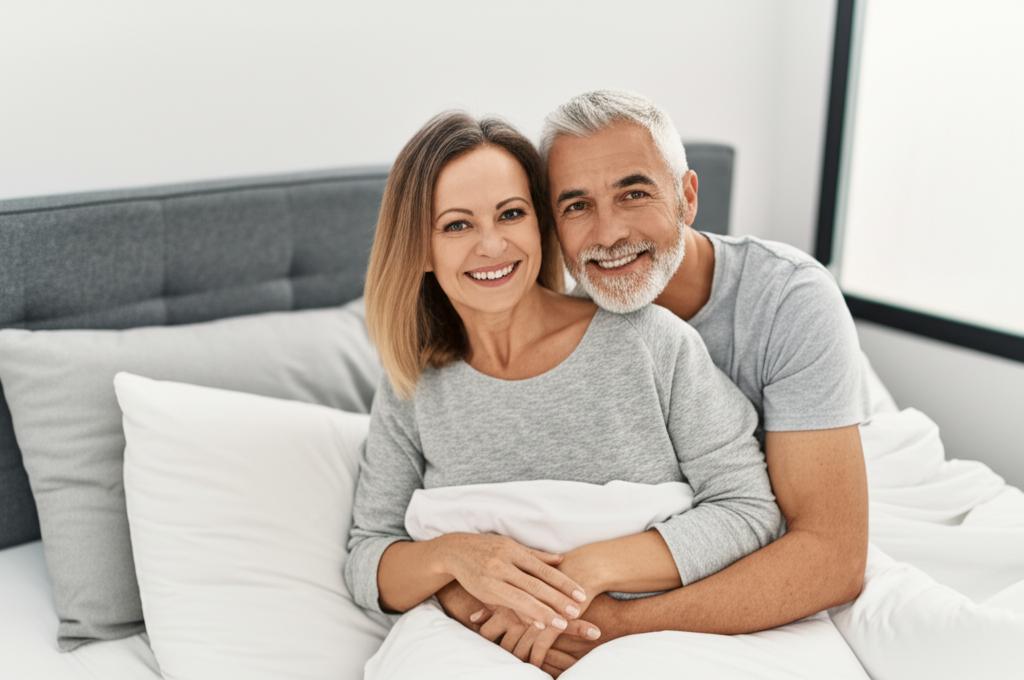 happy middle-aged couple hugging in bed, smiling, bedroom setting, successful relationship
