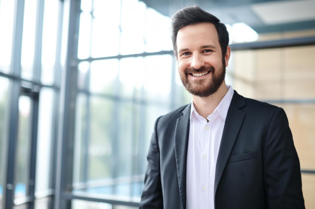 Energetic and confident man in business suit smiling, looking productive, maybe in a meeting or at home