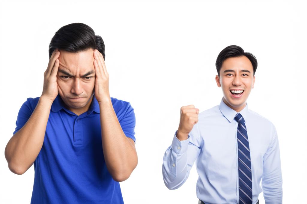 Man looking stressed, then a man looking happy and confident