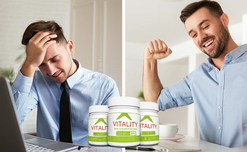 A man looking tired and stressed at his computer, contrasted with a man smiling and energetic after using a vitality product.