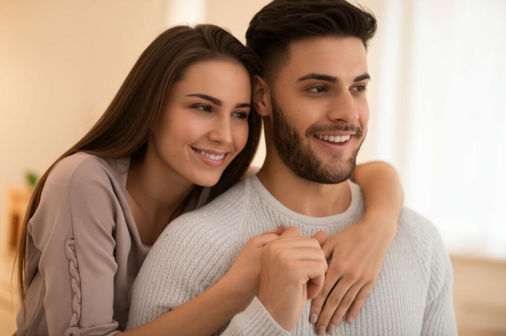 A happy couple embracing in a warm, intimate setting, looking relaxed and connected. Soft lighting.
