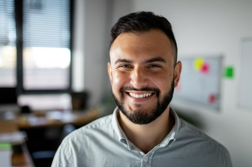 man looking energetic and happy in an office setting, smiling, focused, vibrant colors, realistic photo