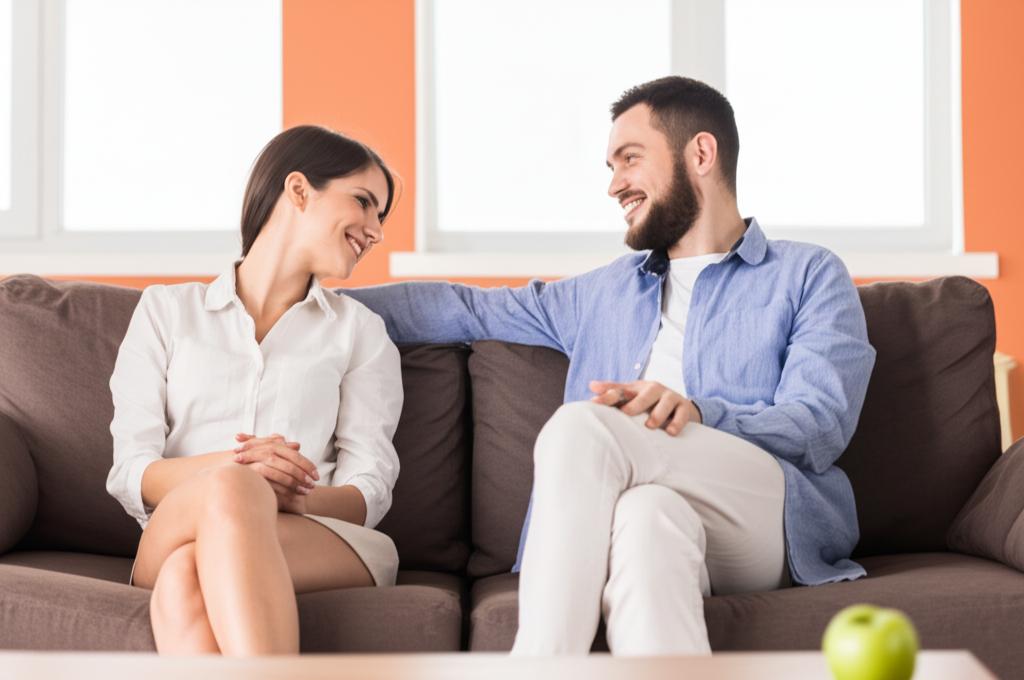 happy couple holding hands on a sofa