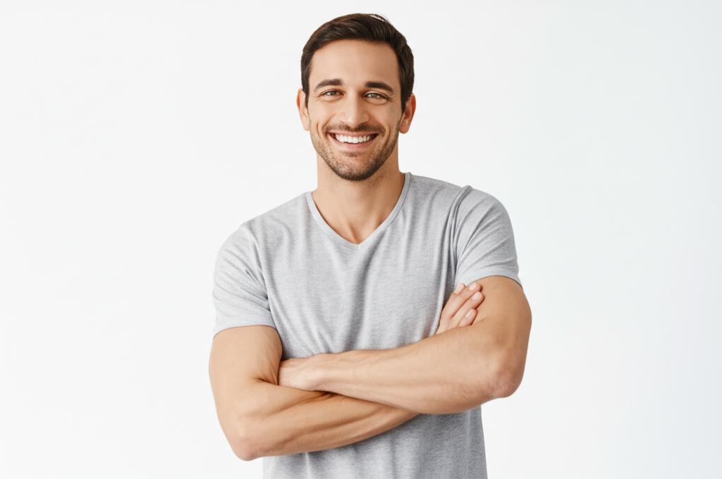 A man smiling confidently, representing improved well-being