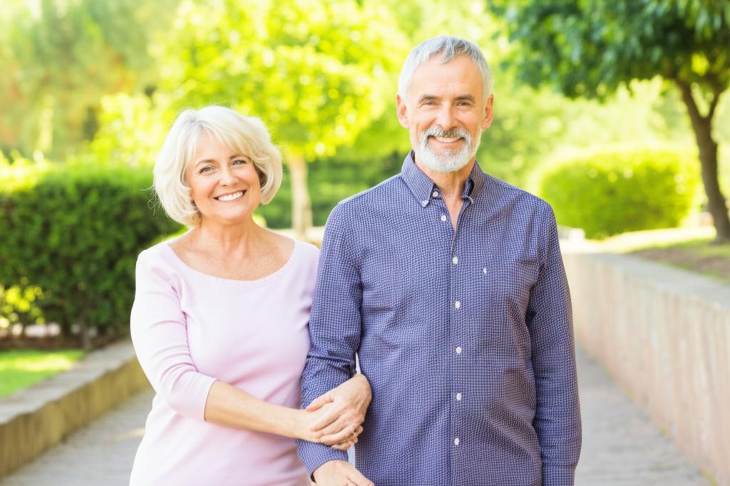 Happy middle-aged couple smiling and holding hands