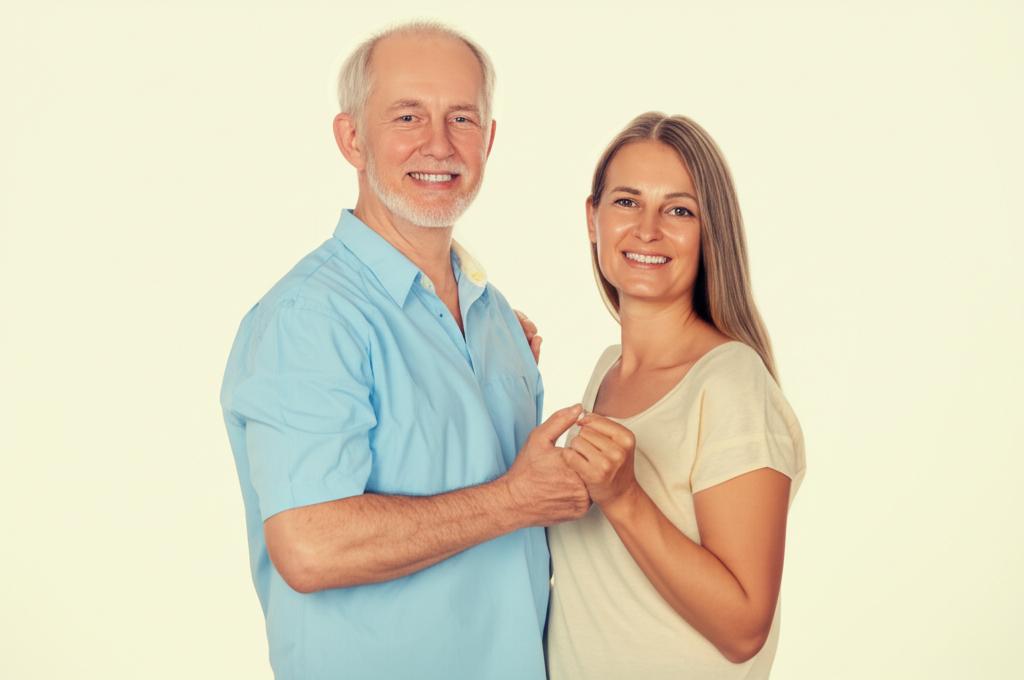 A happy middle-aged couple smiling and holding hands, symbolizing renewed intimacy.