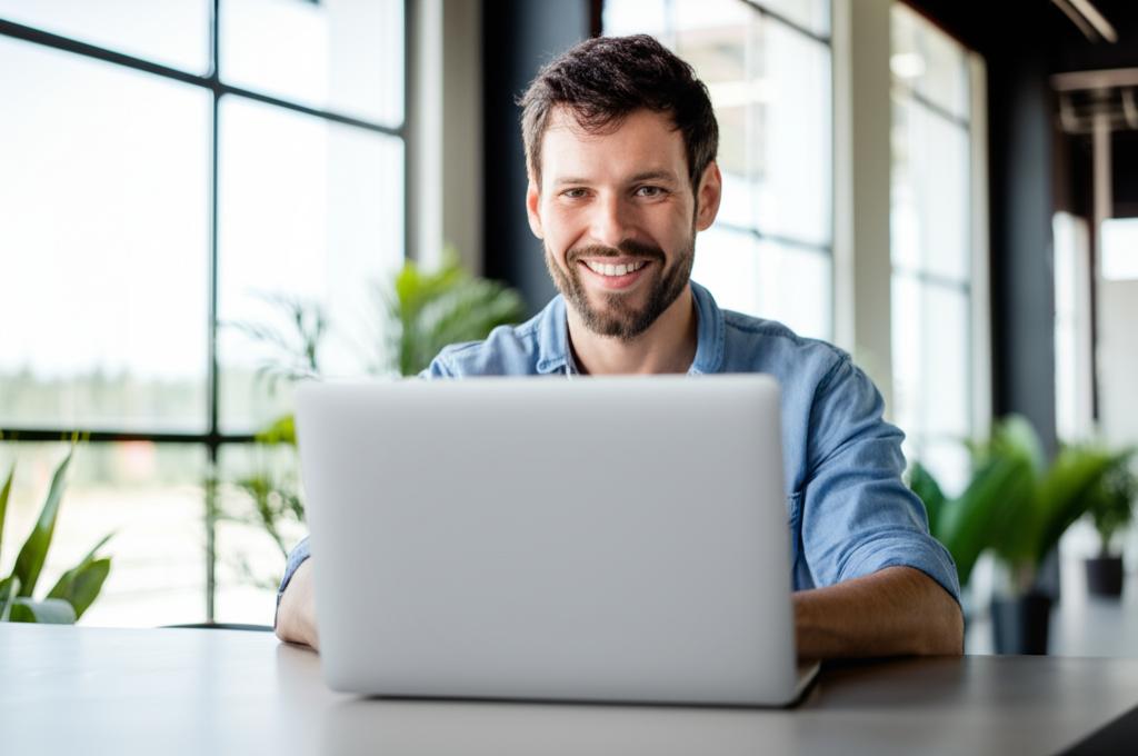 A smiling and energetic entrepreneur working on a laptop in a bright and modern office.