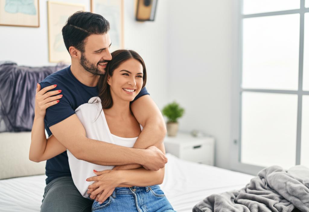 a happy couple embracing each other in a bedroom, smiling