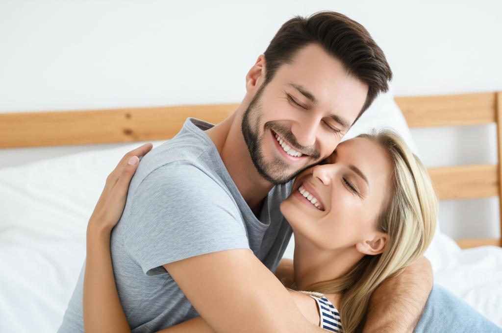 A smiling man embracing his wife in a bedroom, both looking happy and relaxed.