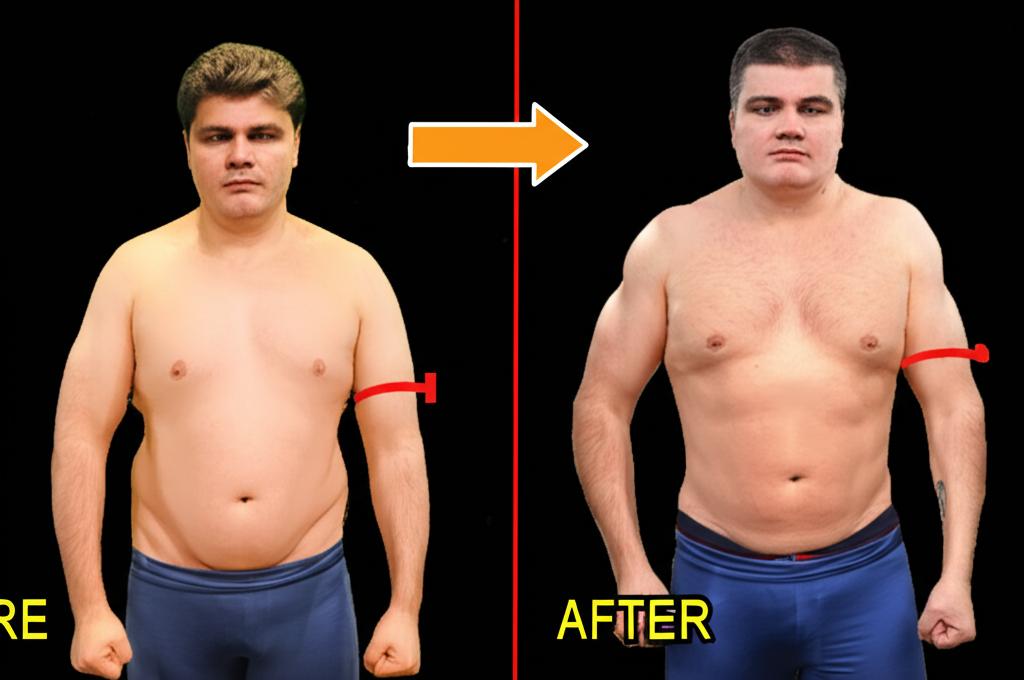 Before and after transformation of a man, showing increased energy and vitality after using a supplement.