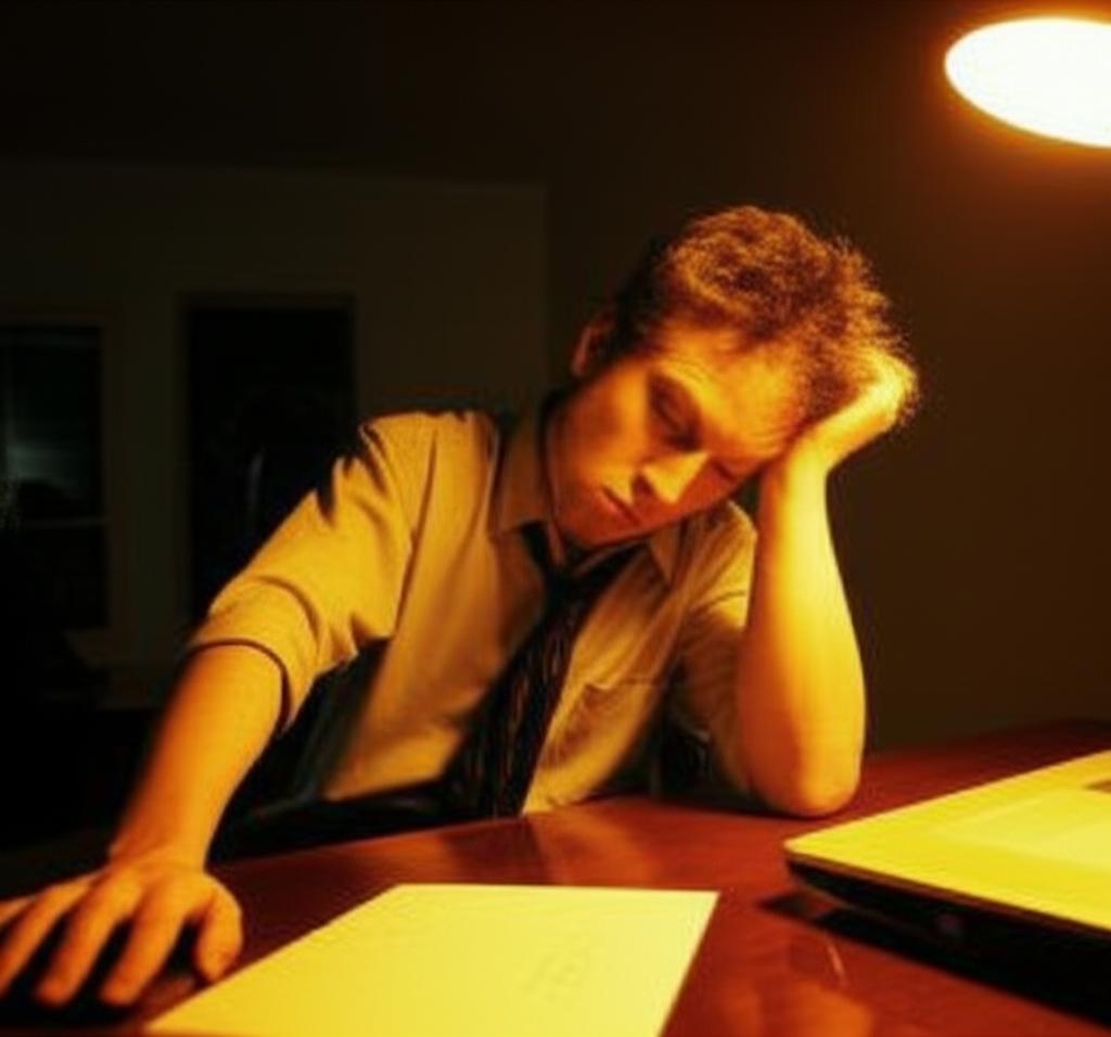 tired man sitting at office desk looking stressed
