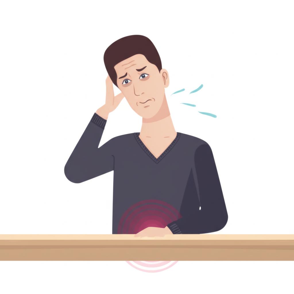 Illustration of a man sitting at a desk looking tired and stressed, with subtle hints of discomfort in the lower body area.