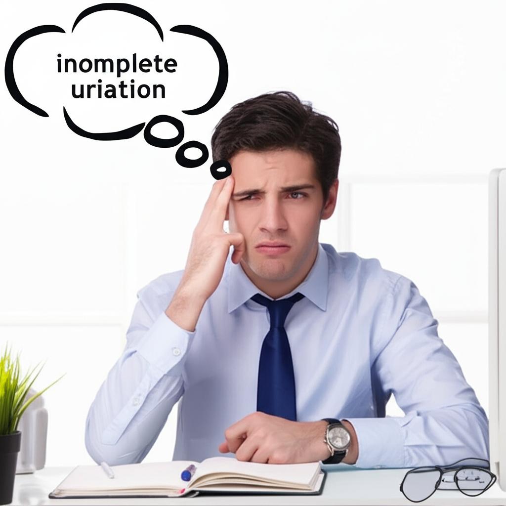 Man in office looking stressed, thinking about incomplete urination