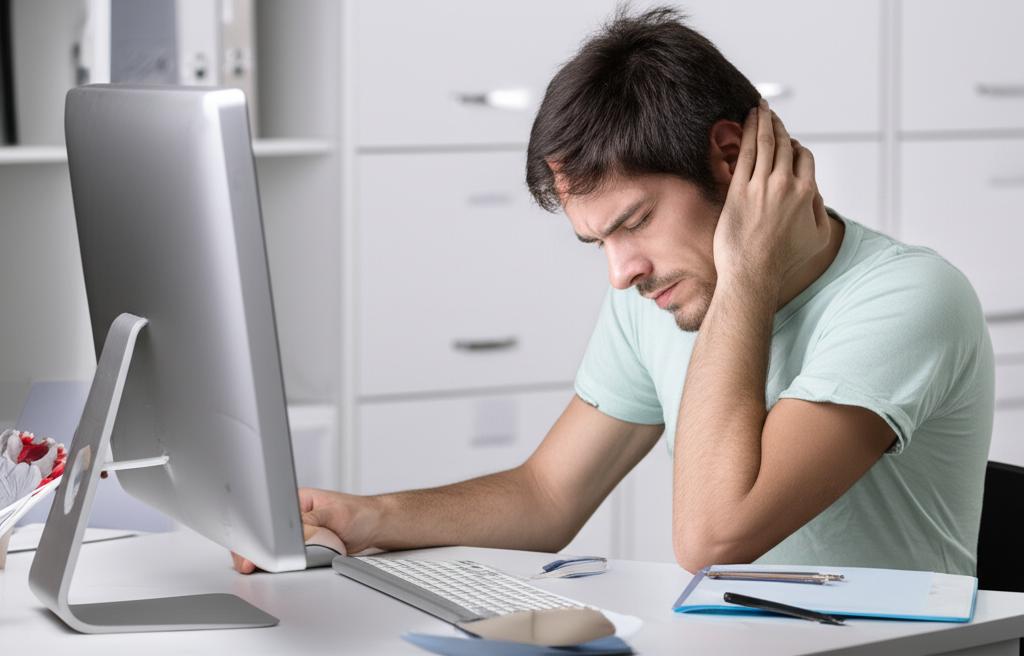 tired programmer sitting at desk with discomfort