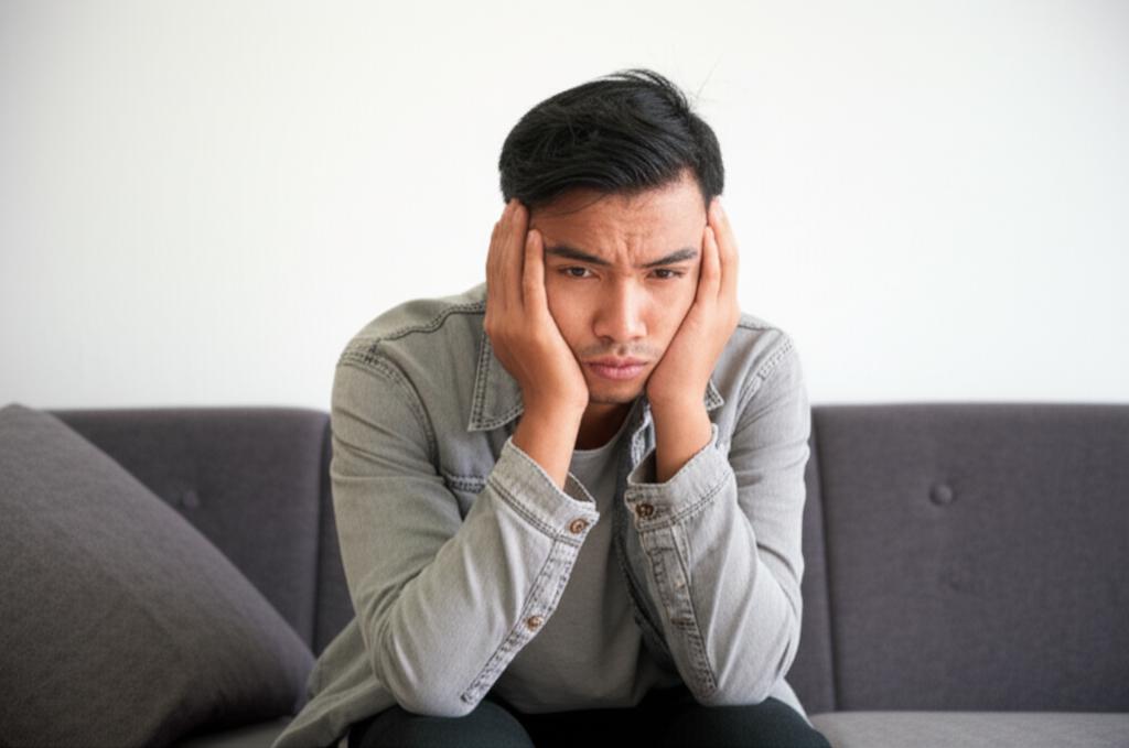 young man feeling tired and stressed sitting on a sofa, indonesia setting, realistic photo
