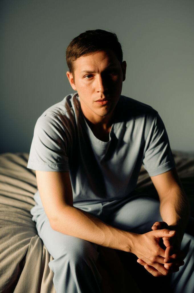 Young man sitting on a bed, looking tired and contemplative after intimacy, subtle lighting, realistic photo