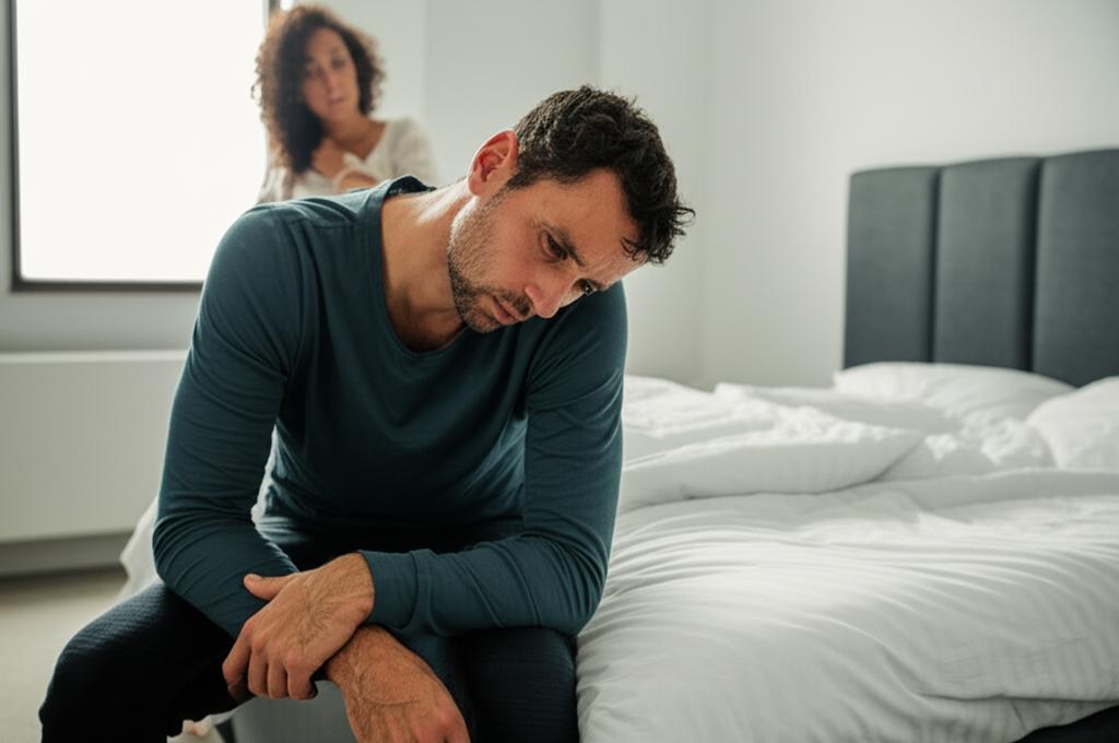 A man looking stressed and tired, sitting on a bed, with a woman looking concerned in the background. Focus on emotional distance and fatigue.