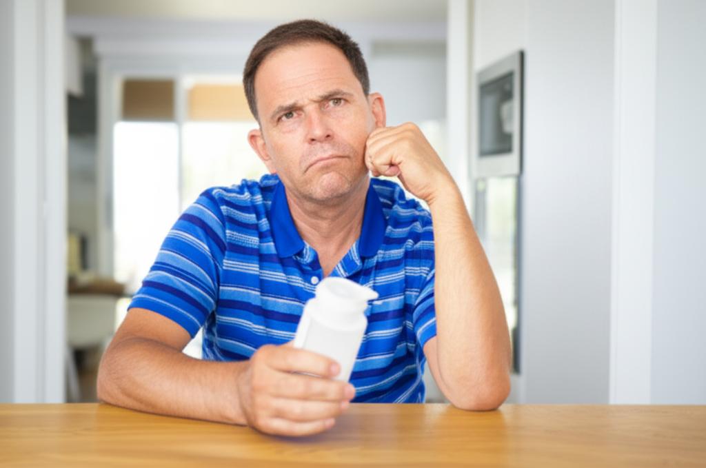 Middle-aged man looking thoughtful, slightly frustrated, holding a pill bottle, daily life background