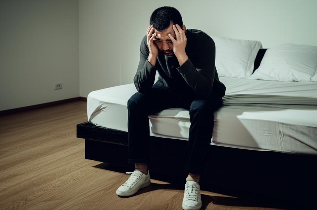 man sitting on edge of bed looking tired and frustrated, holding his head