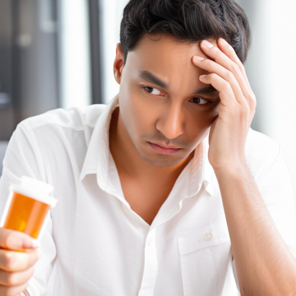 man holding head feeling dizzy and frustrated after taking medication