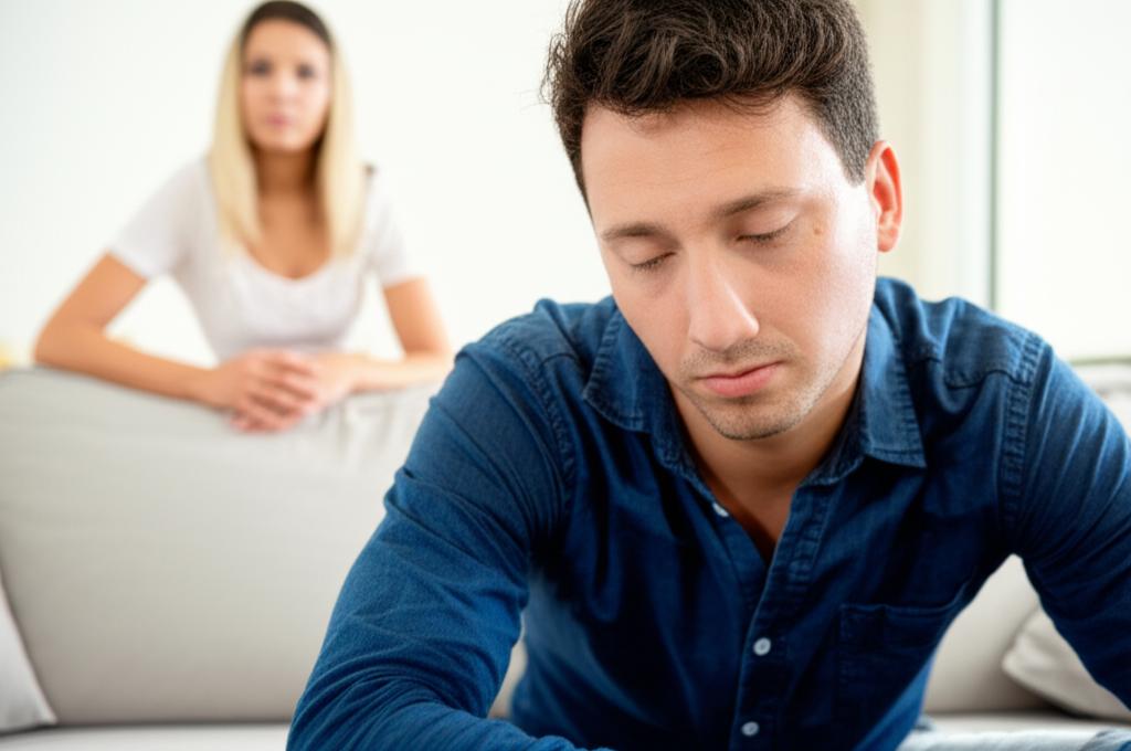 A tired man sitting on a sofa, looking stressed after work, with his wife in the background looking distant.
