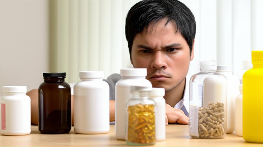 Frustrated man looking at supplement bottles