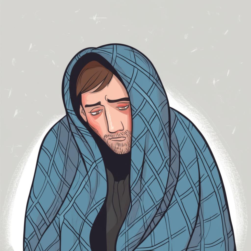 Illustration of a man feeling cold and tired, wrapped in a blanket, looking weak