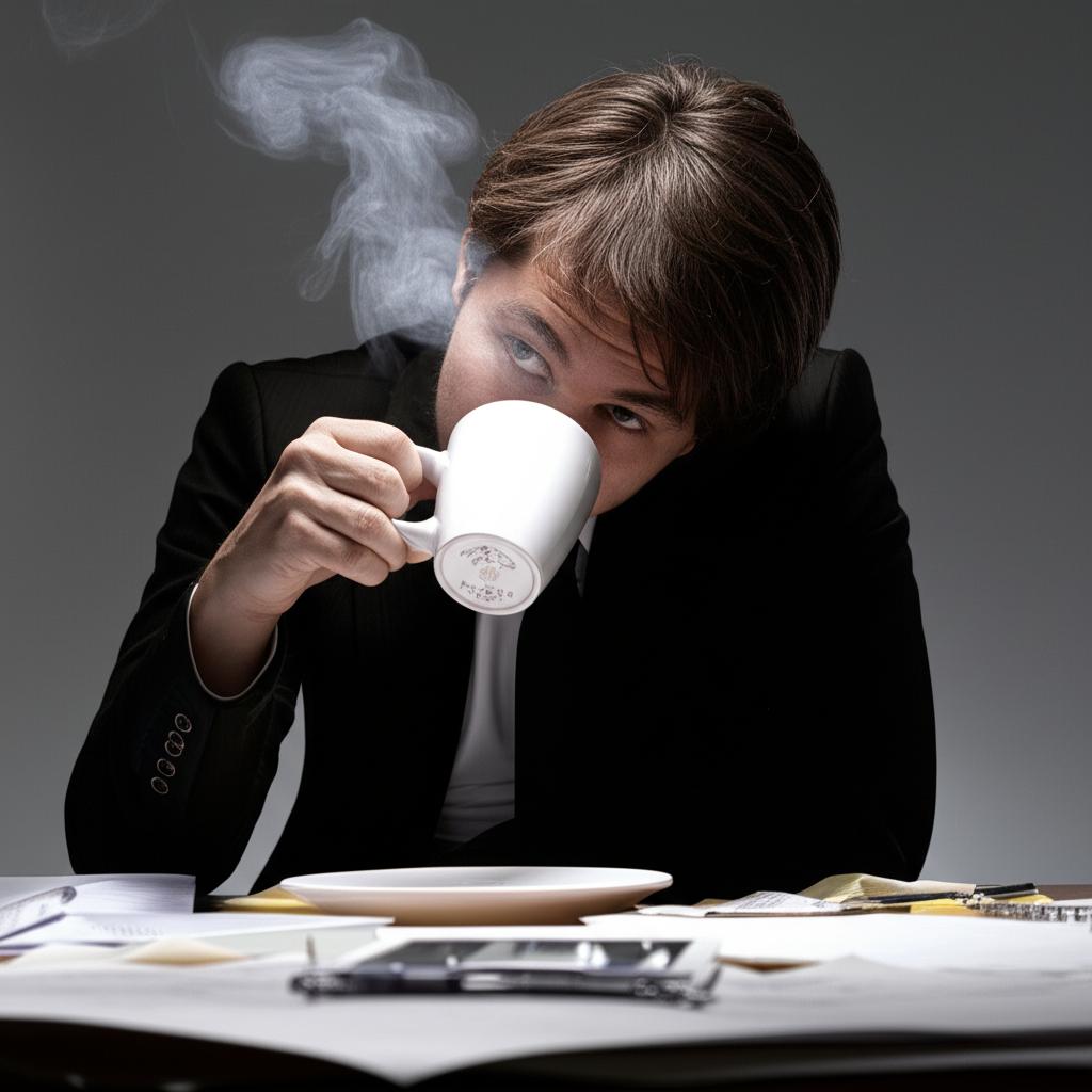 tired office worker drinking coffee slumped at desk