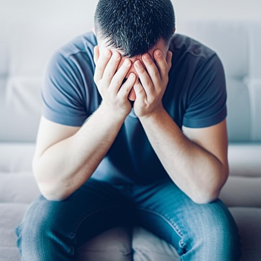 frustrated man sitting on sofa with head in hands