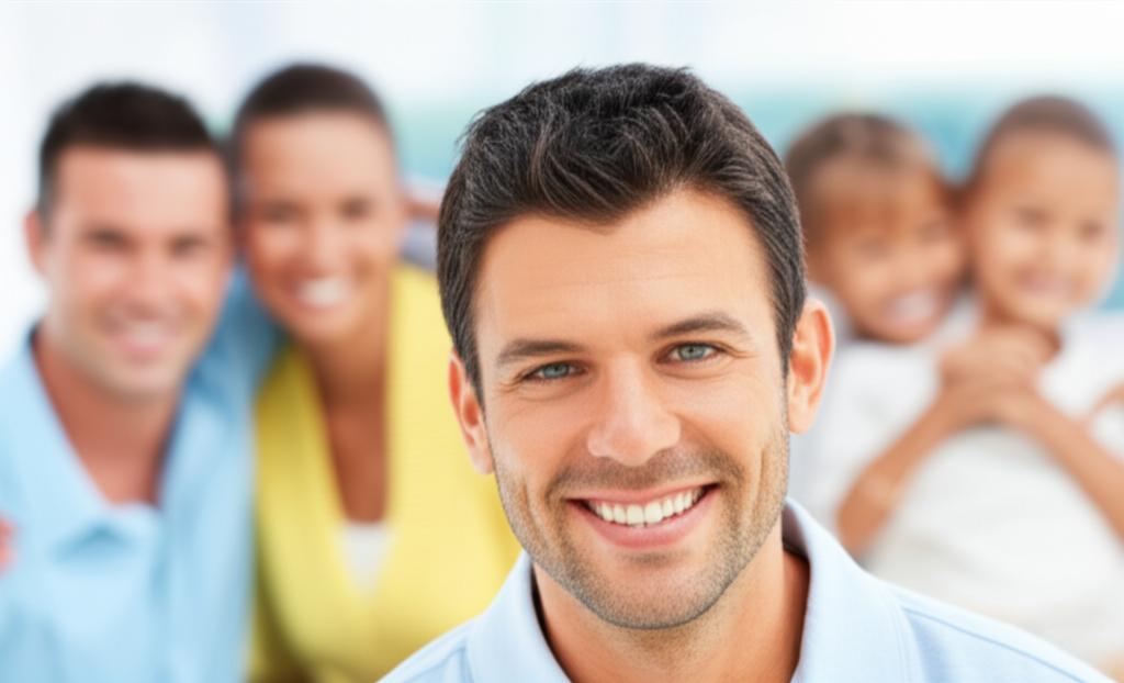 man smiling confidently with family in background